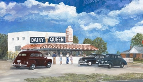 A vintage Dairy Queen with classic cars and people enjoying ice cream under a blue sky with fluffy clouds.