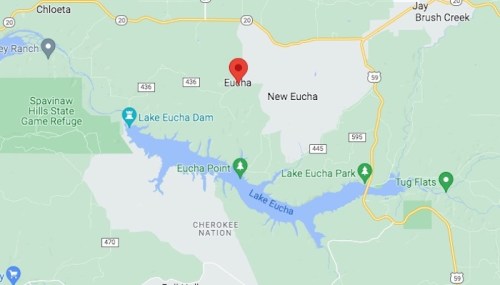 Map showing Eucha, Oklahoma, with nearby landmarks like Lake Eucha and surrounding areas.