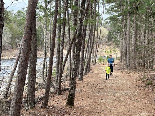 A child and an adult walk along a wooded trail beside a river, surrounded by tall trees and a natural landscape.