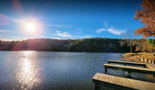 A serene lake scene with wooden docks, surrounded by trees, under a bright sun and clear blue sky.