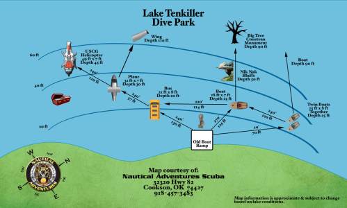 Map of Lake Tenkiller Dive Park showing dive sites, depths, and underwater attractions like a helicopter and boats.