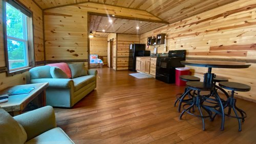 Cozy cabin interior with wooden walls, a green sofa, dining table, and kitchen appliances in a warm, inviting space.