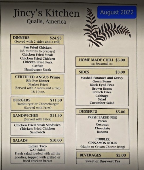 Menu for Jincy's Kitchen featuring dinners, burgers, sandwiches, salads, and desserts with prices listed.