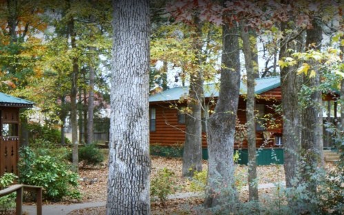 A cozy log cabin surrounded by trees and autumn foliage, with a pathway leading to the entrance.