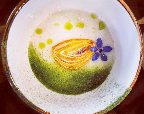 A decorative bowl with a green sauce, a slice of orange, and a blue flower garnish on a creamy base.