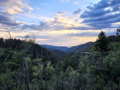 A scenic view of rolling hills and valleys under a colorful sunset, framed by trees and clouds.