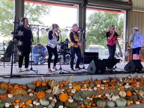 A lively band performs on stage, surrounded by colorful pumpkins and gourds, with festive decorations in the background.