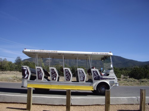 A tour tram with open seating, decorated with animal silhouettes, parked on a road with mountains in the background.