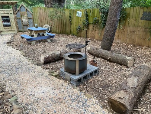 A rustic outdoor space with a fire pit on cinder blocks, picnic table, and logs, surrounded by trees and gravel path.