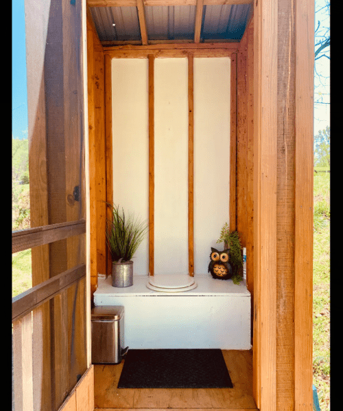 A rustic outdoor restroom with wooden walls, a plant, an owl decoration, and a toilet on a simple platform.