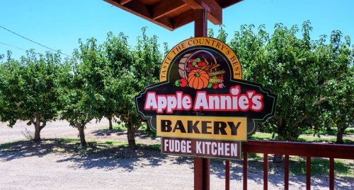 Sign for Apple Annie's Bakery and Fudge Kitchen, surrounded by apple trees in a sunny orchard.