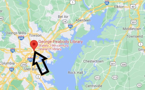 Map highlighting the location of George Peabody Library in Baltimore, Maryland, with an arrow pointing to it.