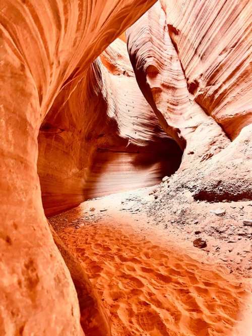 A winding canyon with smooth, colorful rock formations and sandy ground, illuminated by soft natural light.