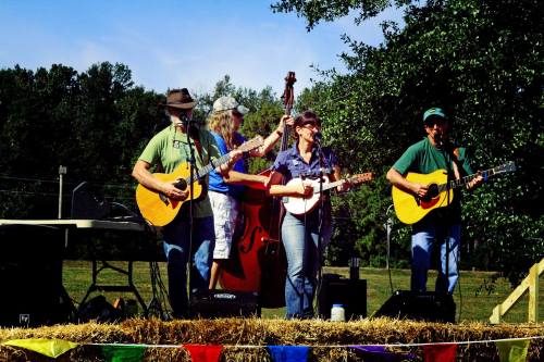 A group of four musicians perform outdoors, playing guitars and a banjo, with a double bass in the background.