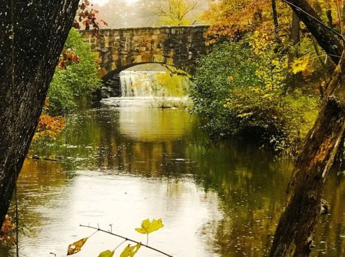 A stone bridge over a calm river, surrounded by autumn foliage and a small waterfall in the background.