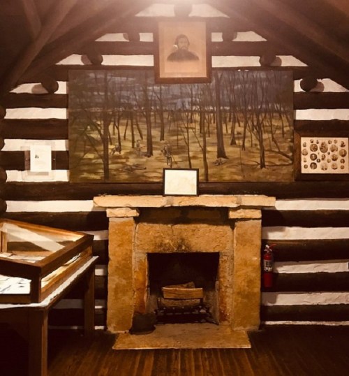 Interior of a rustic log cabin featuring a stone fireplace, a large painting, and various displays on the walls.