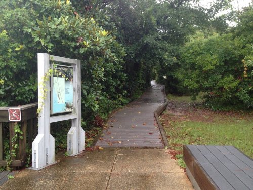 A wooden pathway leads through lush greenery, with a signpost and bike symbol visible on the left. Rainy atmosphere.