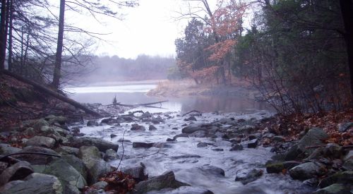 A misty river scene with rocky banks, surrounded by trees and autumn foliage, creating a serene, tranquil atmosphere.