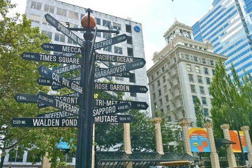 Signpost with directional arrows pointing to various cities and distances, set against a cityscape with tall buildings.