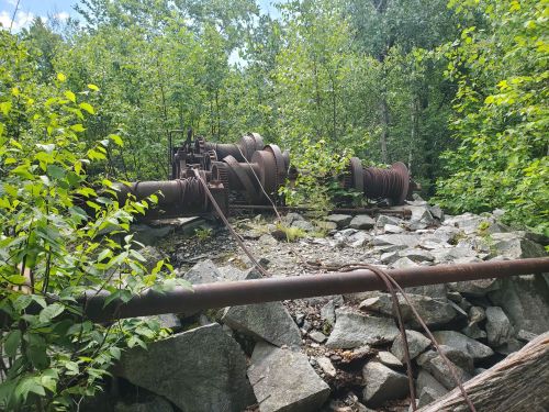 Rusty machinery lies among rocks and greenery in a forested area, partially overgrown by plants.