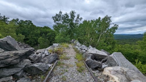 Overgrown railway tracks surrounded by large rocks and trees, with a cloudy sky in the background.