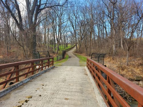 A wooden bridge spans a path through a wooded area, with bare trees and a grassy hill in the background.