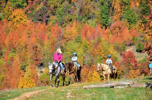 Three riders on horseback navigate a trail surrounded by vibrant autumn foliage in shades of orange and red.