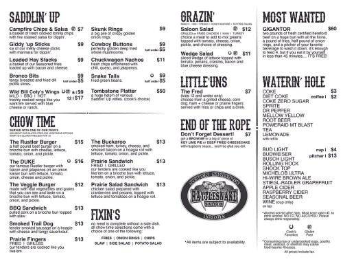 Menu from a restaurant featuring appetizers, burgers, salads, and desserts with prices listed for each item.