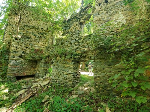 Ruins of a stone building surrounded by lush greenery, with a person standing in the background.