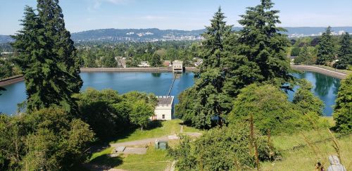 A scenic view of a reservoir surrounded by trees and hills under a clear blue sky.