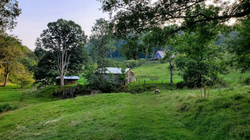 A serene rural landscape featuring a small farmhouse, trees, and rolling green hills under a clear sky.