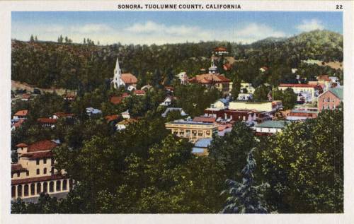 A vintage postcard view of Sonora, California, showcasing a charming town nestled among trees and hills.