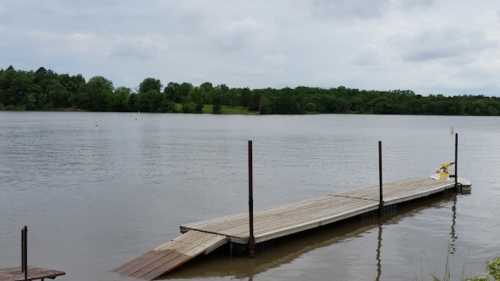 A wooden dock extends into a calm lake, surrounded by green trees under a cloudy sky.