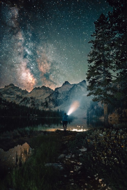 A person stands by a lake at night, shining a flashlight towards the starry sky and mountains in the background.