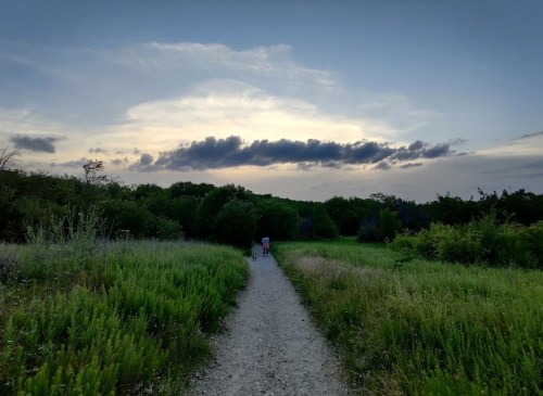 A gravel path leads through lush greenery under a cloudy sky, with two figures walking in the distance.