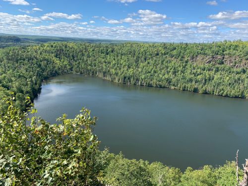 A serene lake surrounded by lush green trees under a blue sky with scattered clouds.
