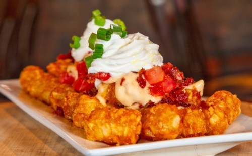 A plate of crispy tater tots topped with cheese, diced tomatoes, sour cream, and green onions.