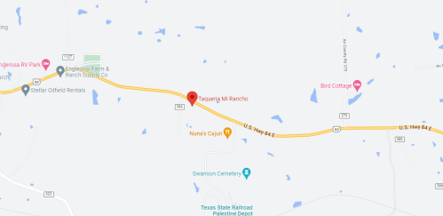 Map showing U.S. Highway 84 E with nearby locations including Taqueria Mi Rancho and Swanson Cemetery.