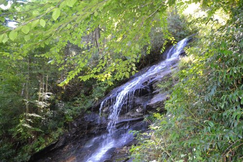 A serene waterfall cascading down rocky terrain, surrounded by lush green foliage and trees.