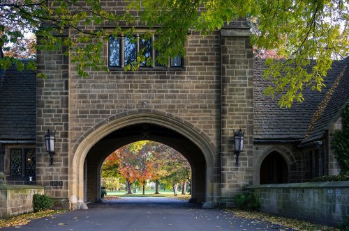Stone archway leading to a tree-lined path with autumn foliage, framed by green leaves and a historic building.