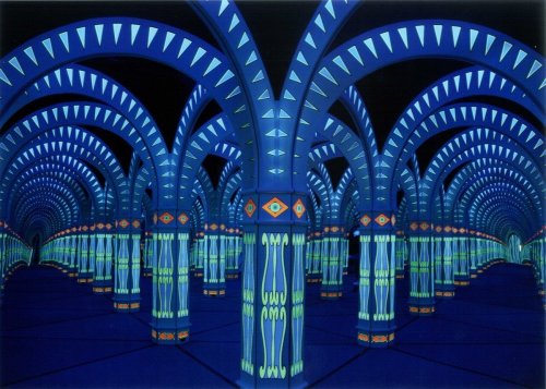 A vibrant, illuminated corridor with blue arches and patterned columns, creating a mesmerizing, reflective space.