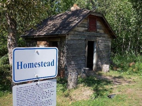 A rustic wooden homestead with a sign in front, surrounded by greenery and trees.