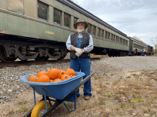 A man stands with a wheelbarrow full of pumpkins near a vintage train on a gravel path.
