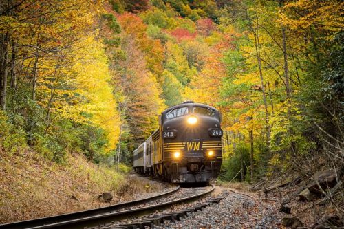 A train travels along a curved track surrounded by vibrant autumn foliage in a scenic forest.