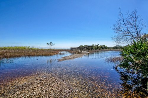 A serene landscape featuring a calm waterway, a wooden dock, and lush greenery under a clear blue sky.