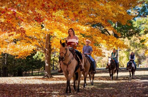 A woman and a child ride horses through a vibrant autumn landscape with colorful trees.