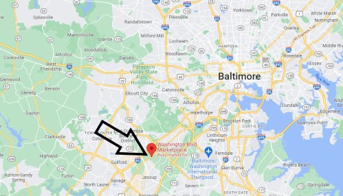 Map showing Baltimore and surrounding areas, with a highlighted region near Ellicott City and Columbia.