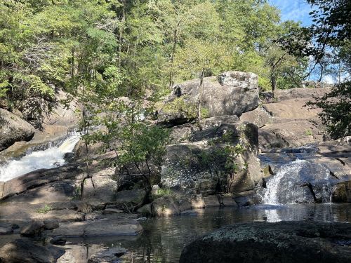 A serene landscape featuring a waterfall cascading over rocks, surrounded by lush greenery and a clear blue sky.
