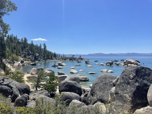 A serene lakeside view with large rocks, clear blue water, and trees under a bright blue sky.