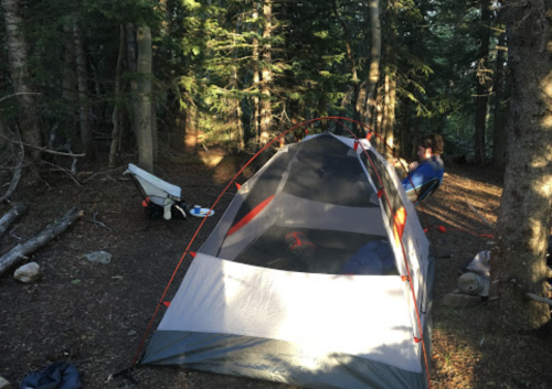 A tent set up in a wooded area, with trees surrounding it and a person nearby preparing a campsite.